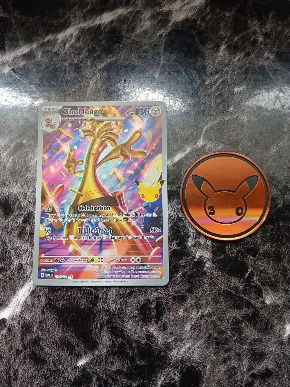 Gholdengo Holographic Collectible Card & Pikachu 30th Celebration Coin